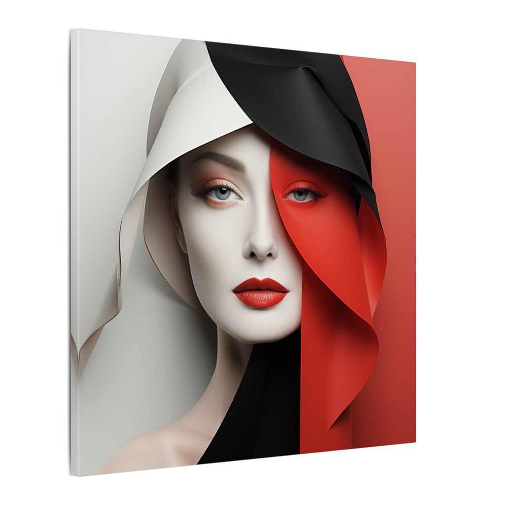 Split Poise – Modern Red Black Female Portrait Canvas Print