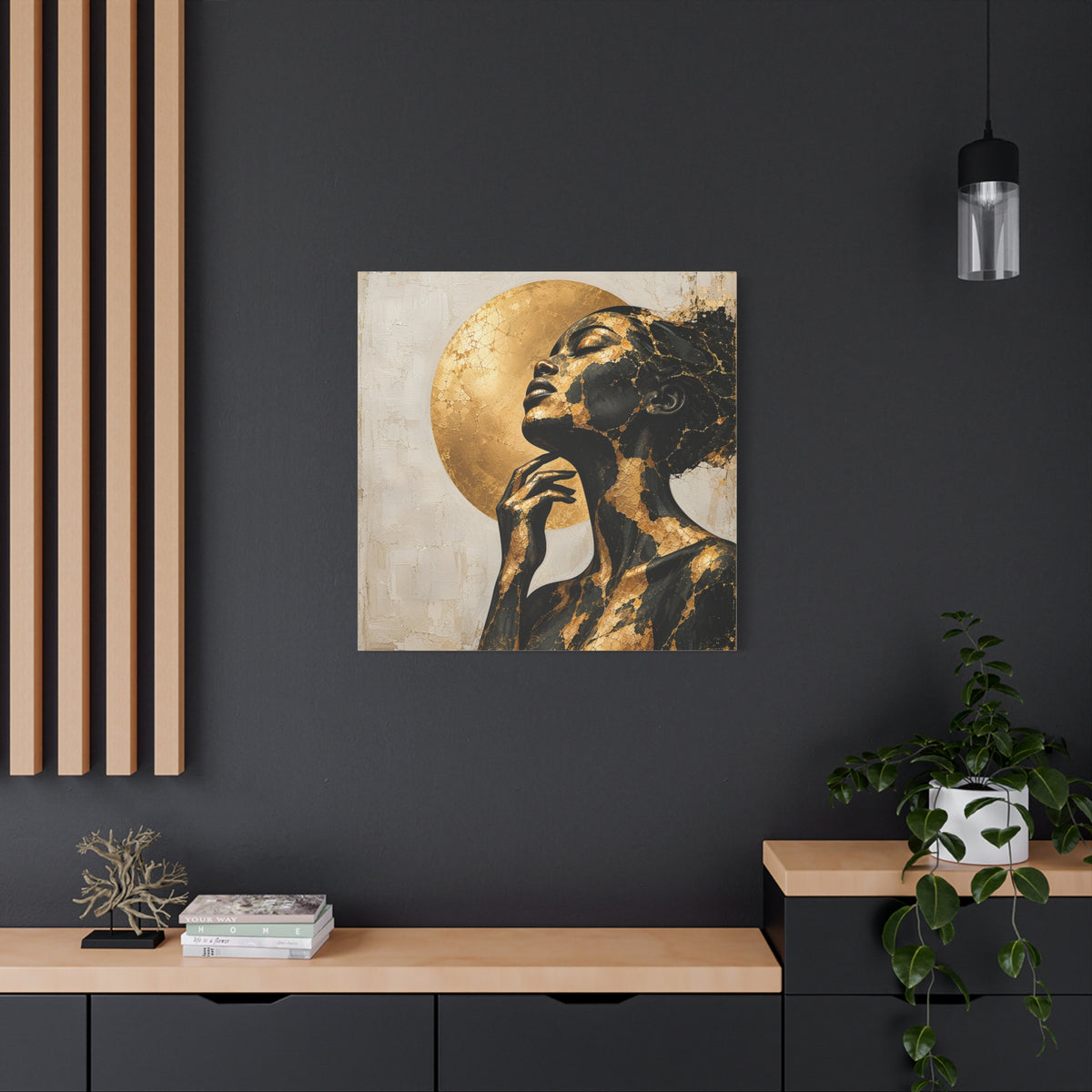 Crowned in Light — Modern Black & Gold Woman Portrait