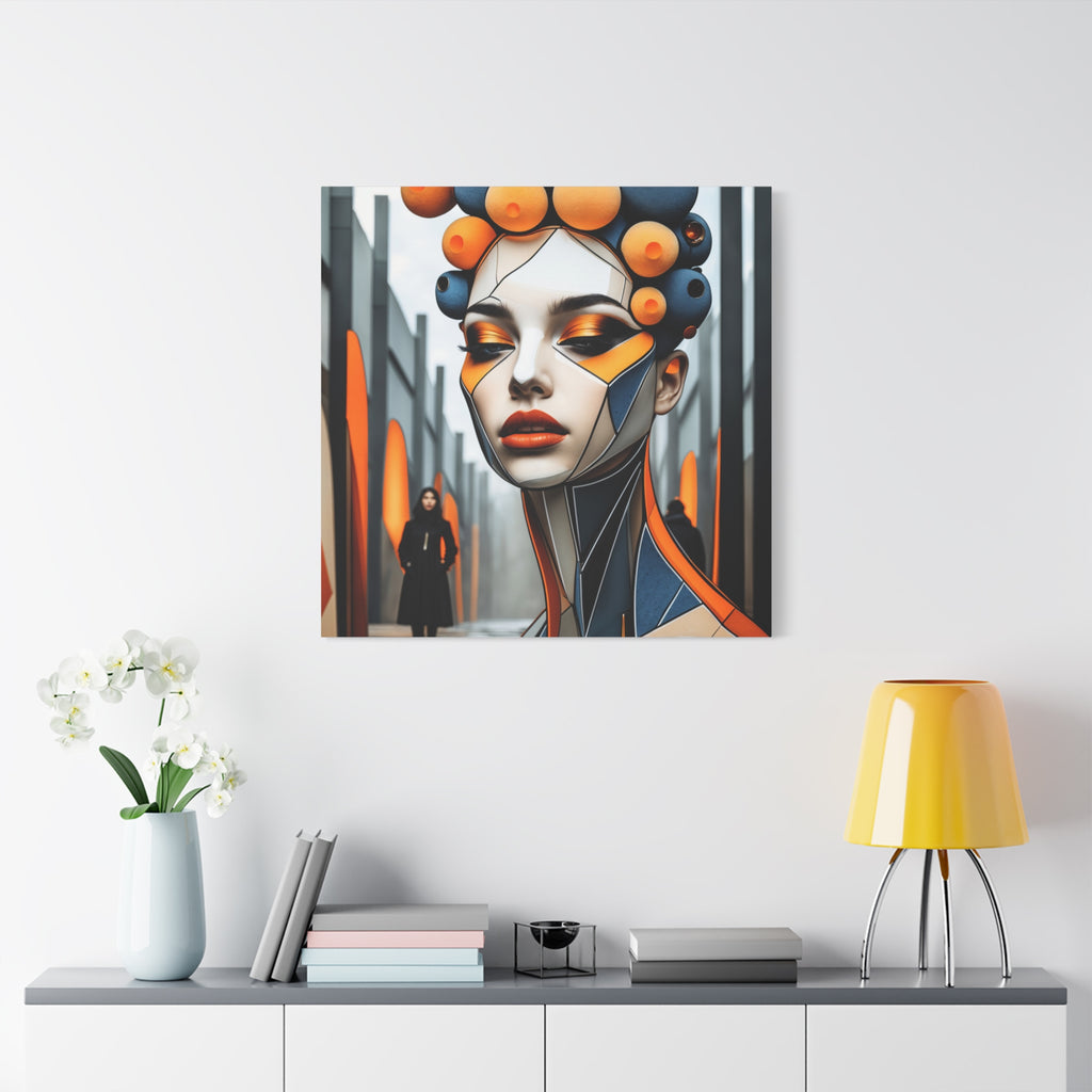 Future Icon — Futuristic Geometric Woman Portrait in Orange & Midnight Blue