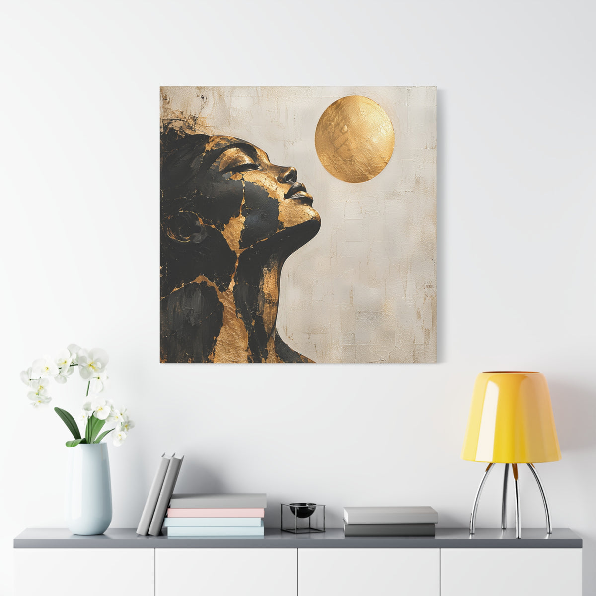 Golden Stillness — Modern Black & Gold Woman Portrait