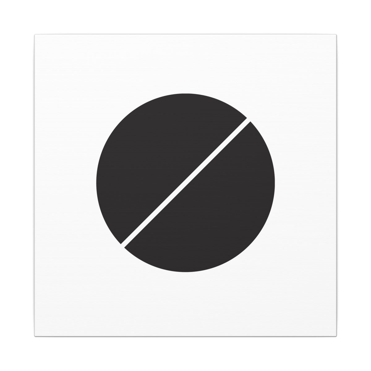 Bold black circle centered on a white field, bisected diagonally by a thin white line creating a minimalist geometric composition.
