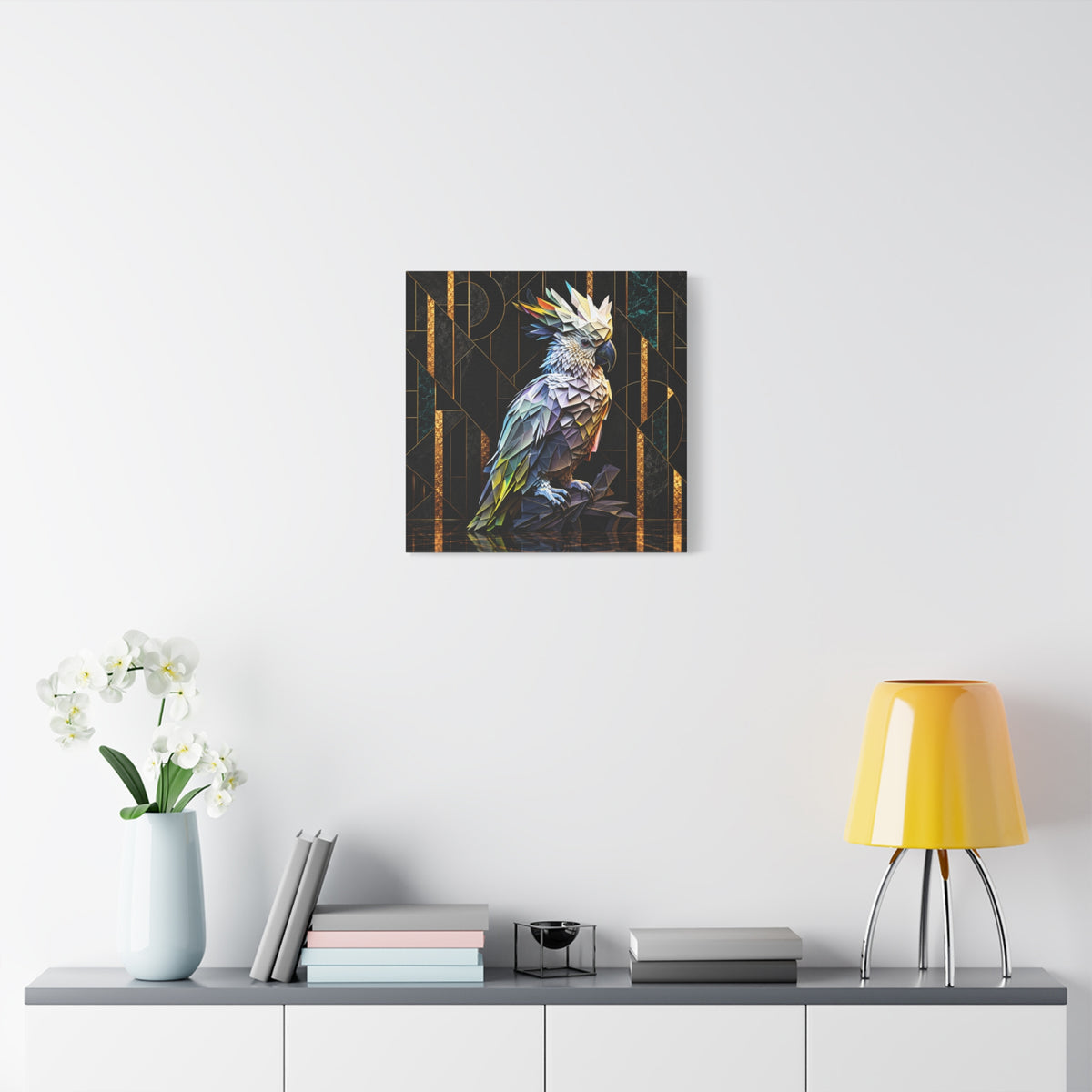 Geometric Cockatoo Canvas Wall Art – Colorful Parrot Matte Stretched Print