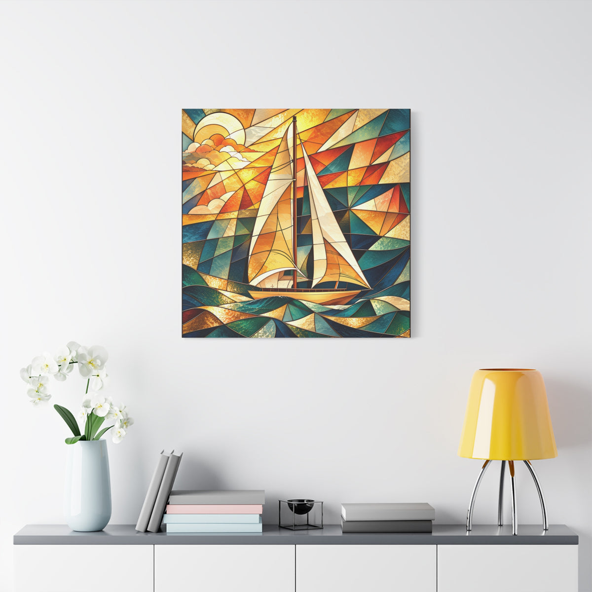 Golden Passage — Stained Glass Sailboat Fine Art Print