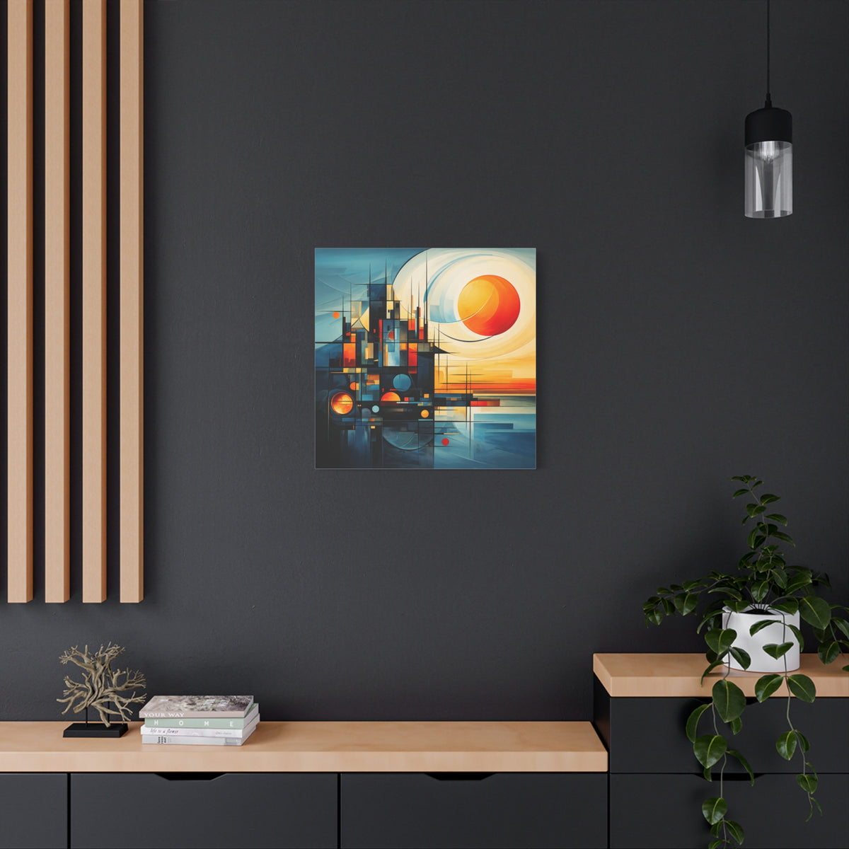 Sun Beyond Structure – Geometric Abstract Sunrise Canvas Print