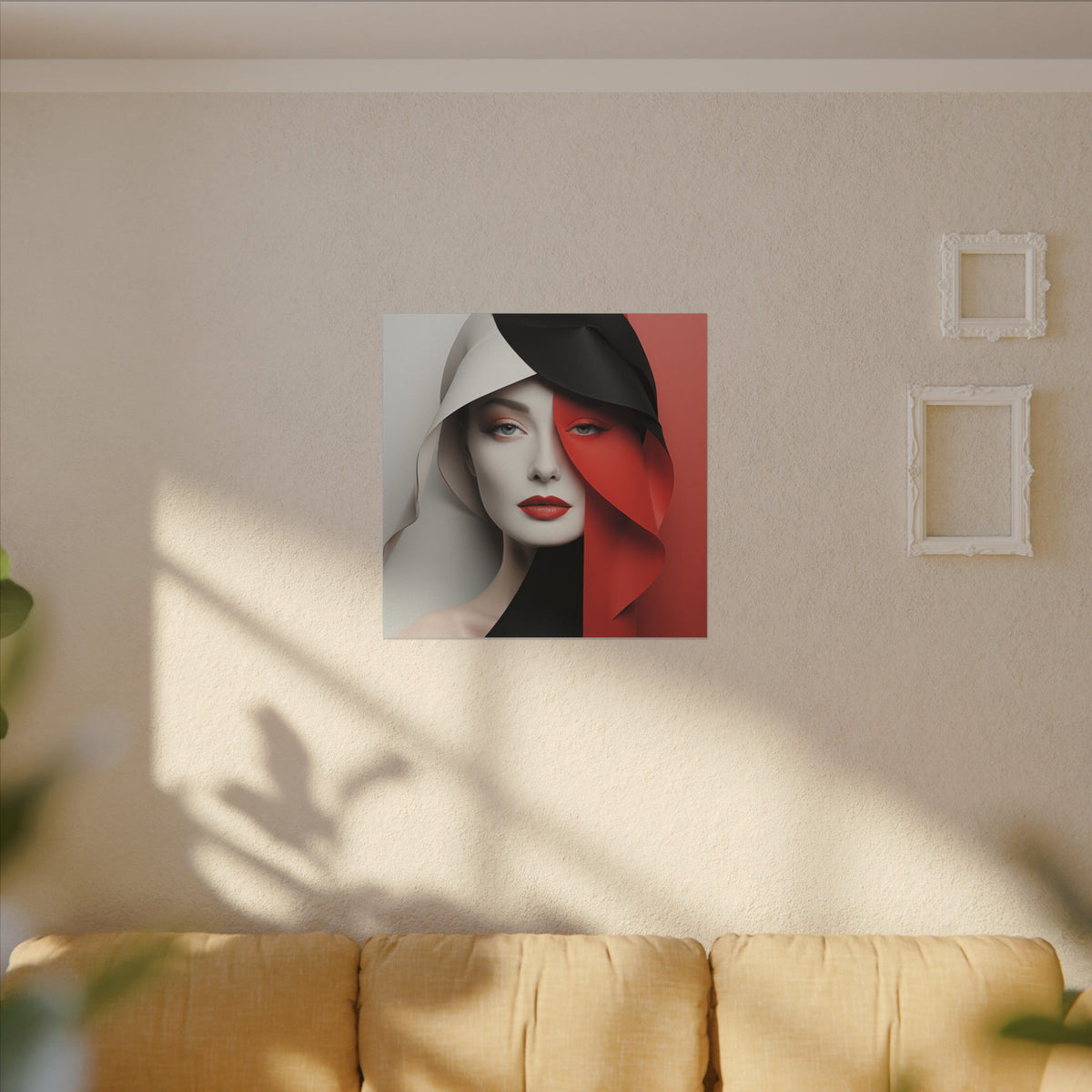 Split Poise – Modern Red Black Female Portrait Canvas Print