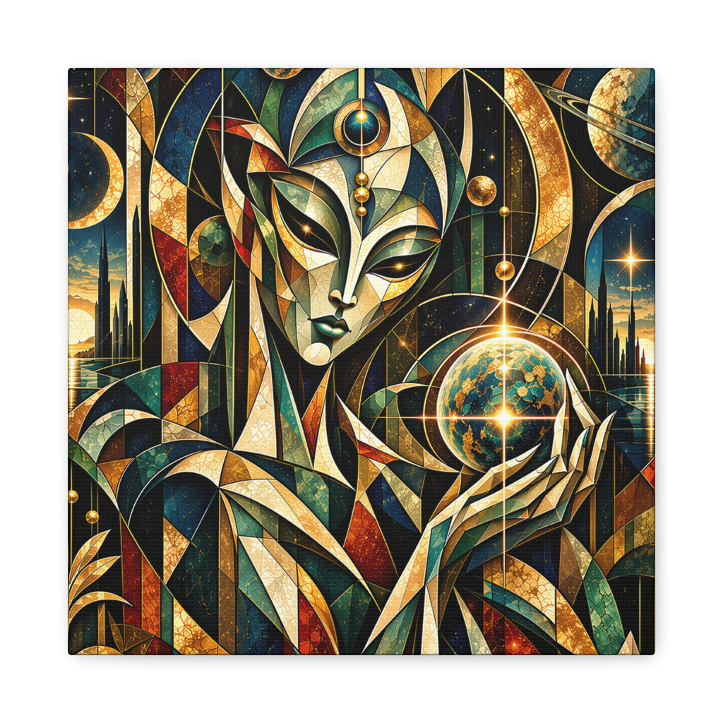 Regal otherworldly woman in gold and teal holds a glowing planet amid geometric portals, planets, and stars
