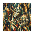Regal otherworldly woman in gold and teal holds a glowing planet amid geometric portals, planets, and stars