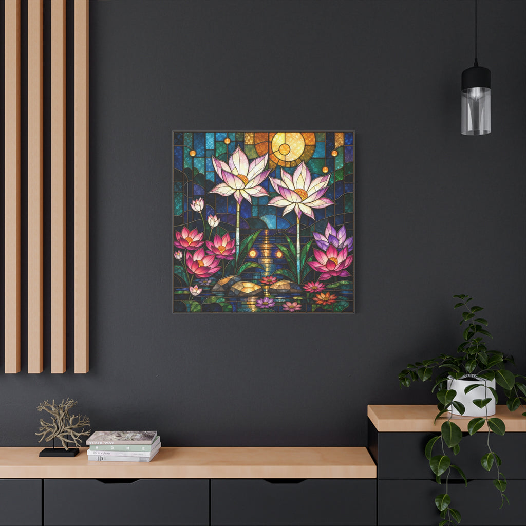 Moonlit Lotus Sanctuary — Stained Glass Floral Garden Wall Art