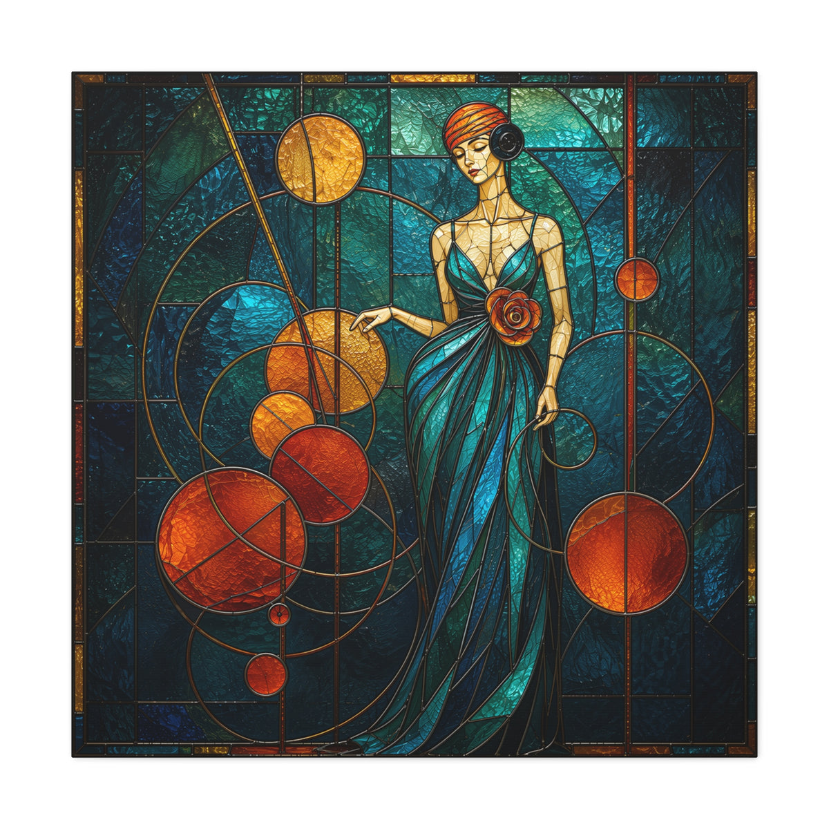 Orbit of Elegance — Art Deco Stained Glass Woman Wall Art