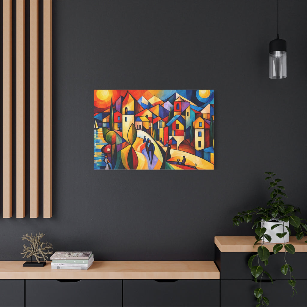 Village Between Sun & Moon — Colorful Cubist Coastal Landscape