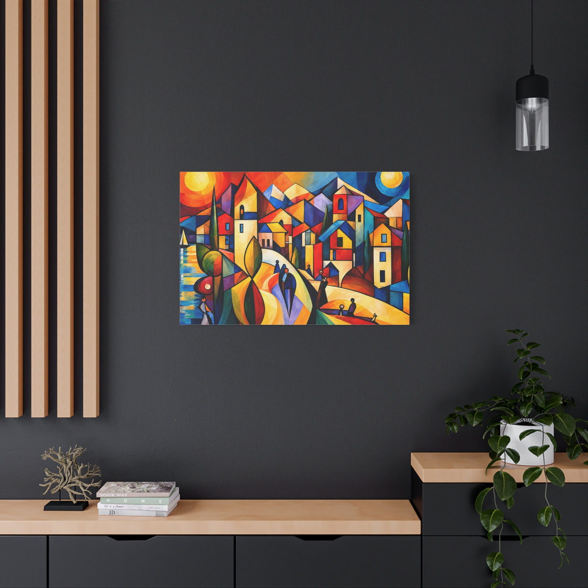 Village Between Sun & Moon — Colorful Cubist Coastal Landscape
