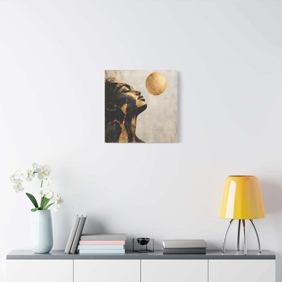Golden Stillness — Modern Black & Gold Woman Portrait