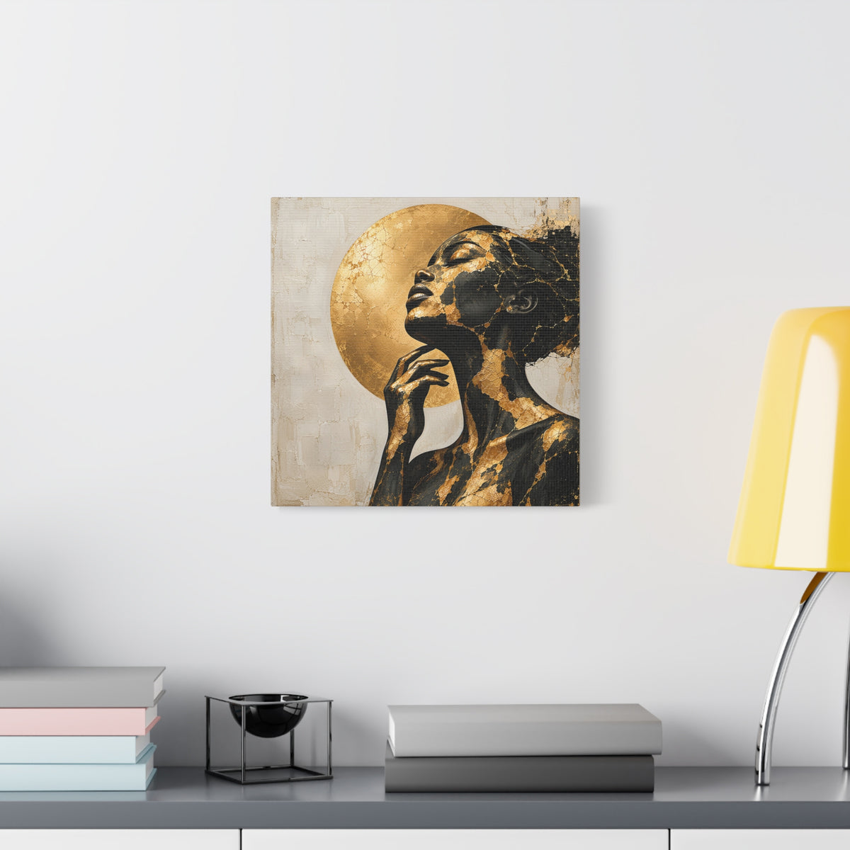 Crowned in Light — Modern Black & Gold Woman Portrait