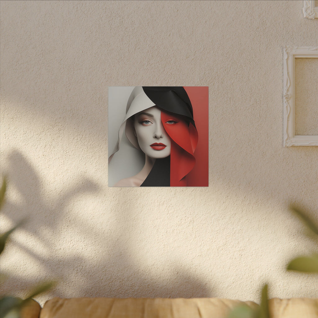 Split Poise – Modern Red Black Female Portrait Canvas Print