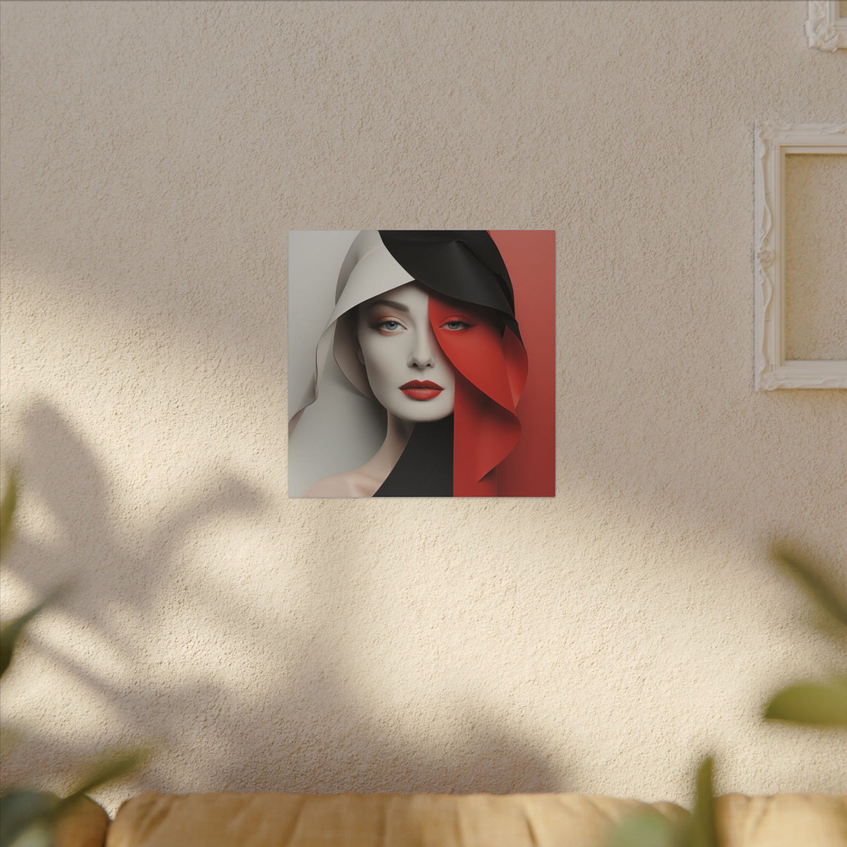 Split Poise – Modern Red Black Female Portrait Canvas Print