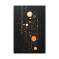 Abstract orbital composition on black background with vertical lines, floating amber, gold and cream circles and delicate arcs