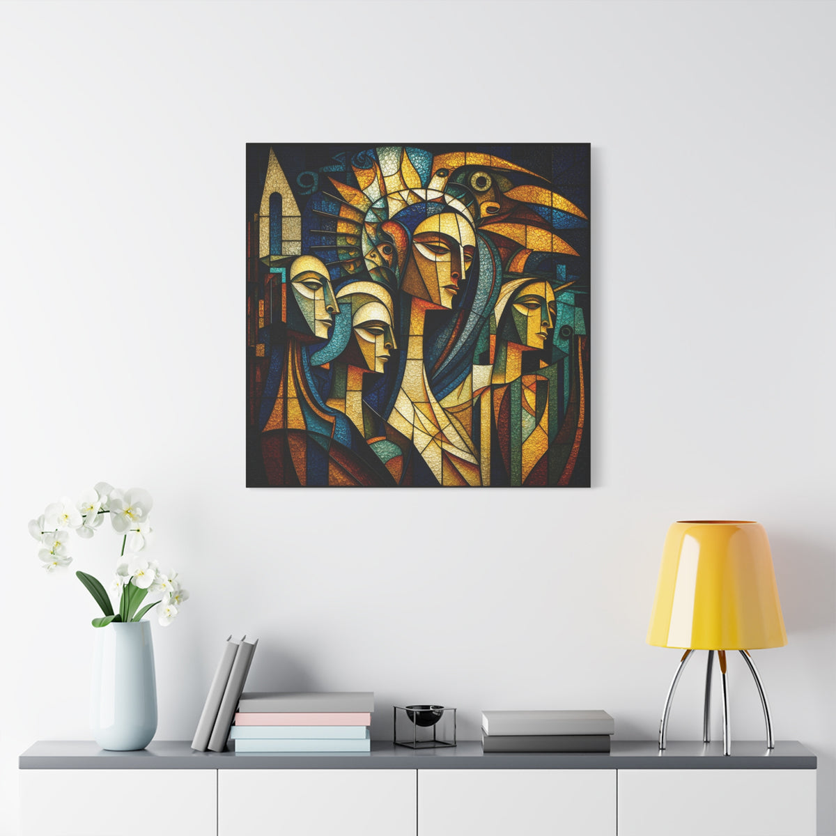 Crowned Voices — Cubist Collective Portrait in Teal, Gold & Burnt Orange