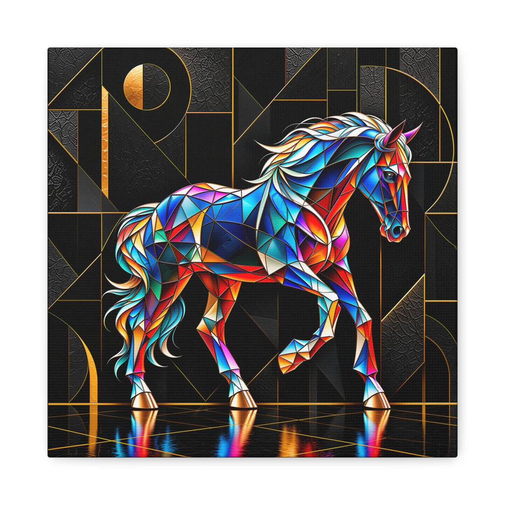Geometric stained-glass horse portrait in cobalt, turquoise, teal, red, orange, violet, cream and gold with a flowing mane and raised leg against a deep black geometric background.