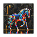 Geometric stained-glass horse portrait in cobalt, turquoise, teal, red, orange, violet, cream and gold with a flowing mane and raised leg against a deep black geometric background.