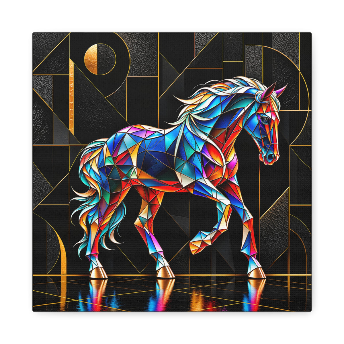 Geometric stained-glass horse portrait in cobalt, turquoise, teal, red, orange, violet, cream and gold with a flowing mane and raised leg against a deep black geometric background.