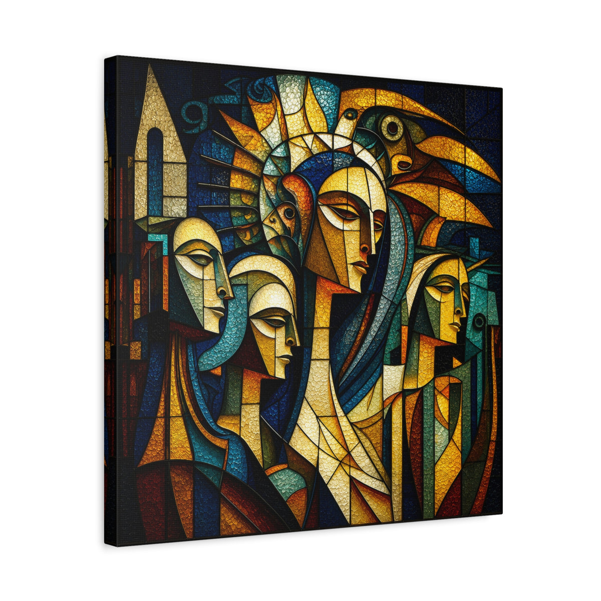 Crowned Voices — Cubist Collective Portrait in Teal, Gold & Burnt Orange