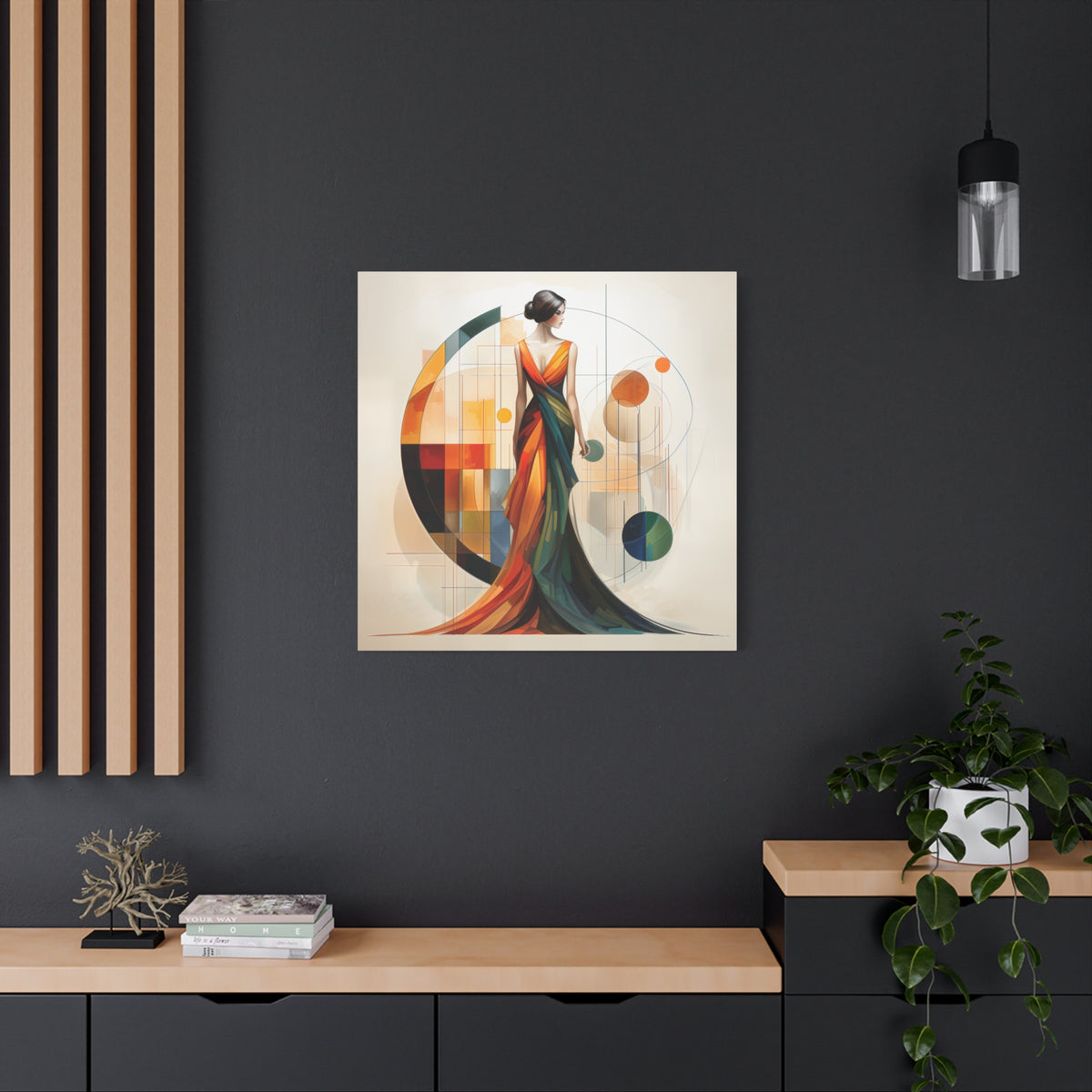 Chromatic Elegance — Abstract Geometric Fashion Portrait in a Flowing Couture Gown