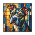 Stained-glass–style Boxer portrait in geometric panels of sapphire blue, amber, gold, teal and jewel tones with soulful eyes
