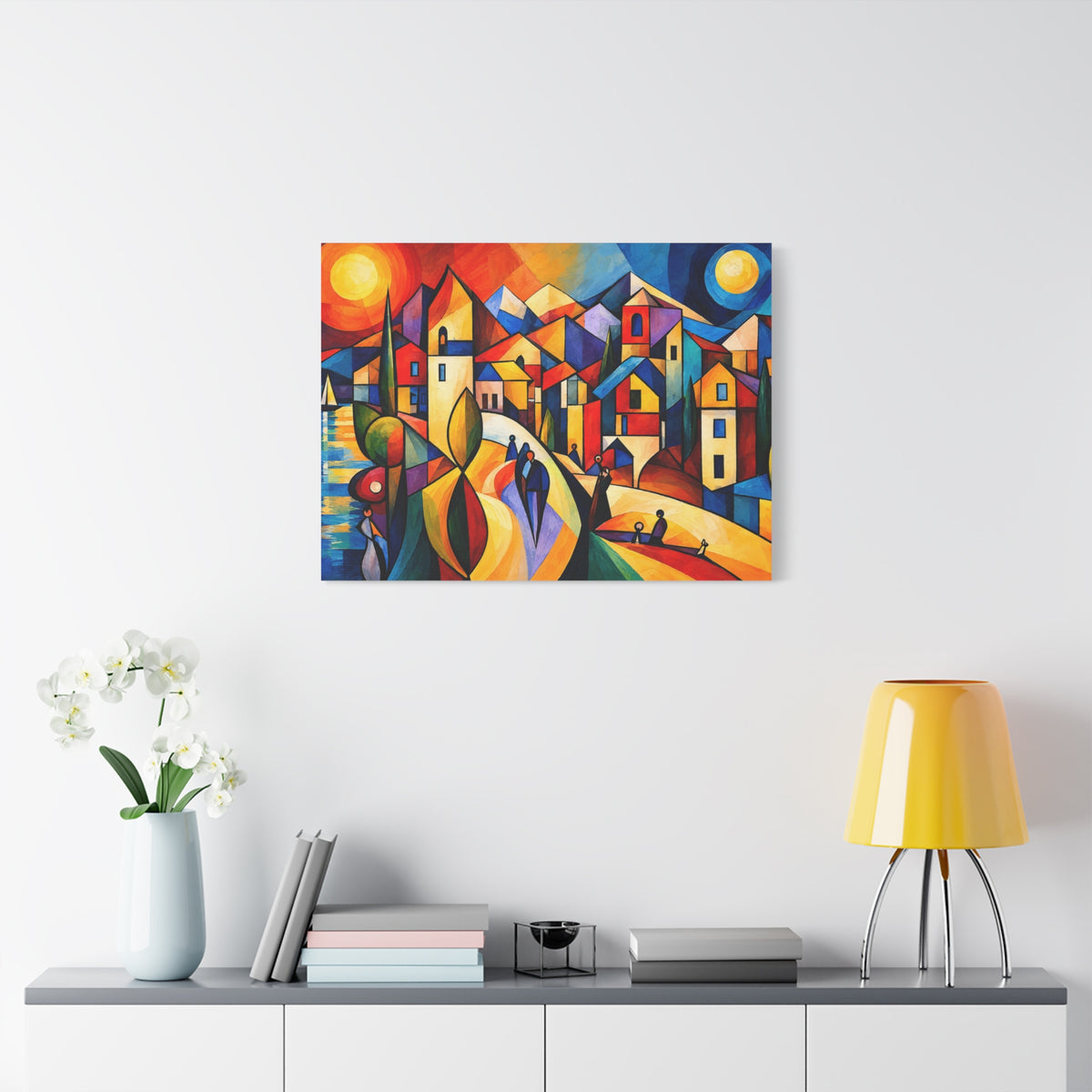 Village Between Sun & Moon — Colorful Cubist Coastal Landscape