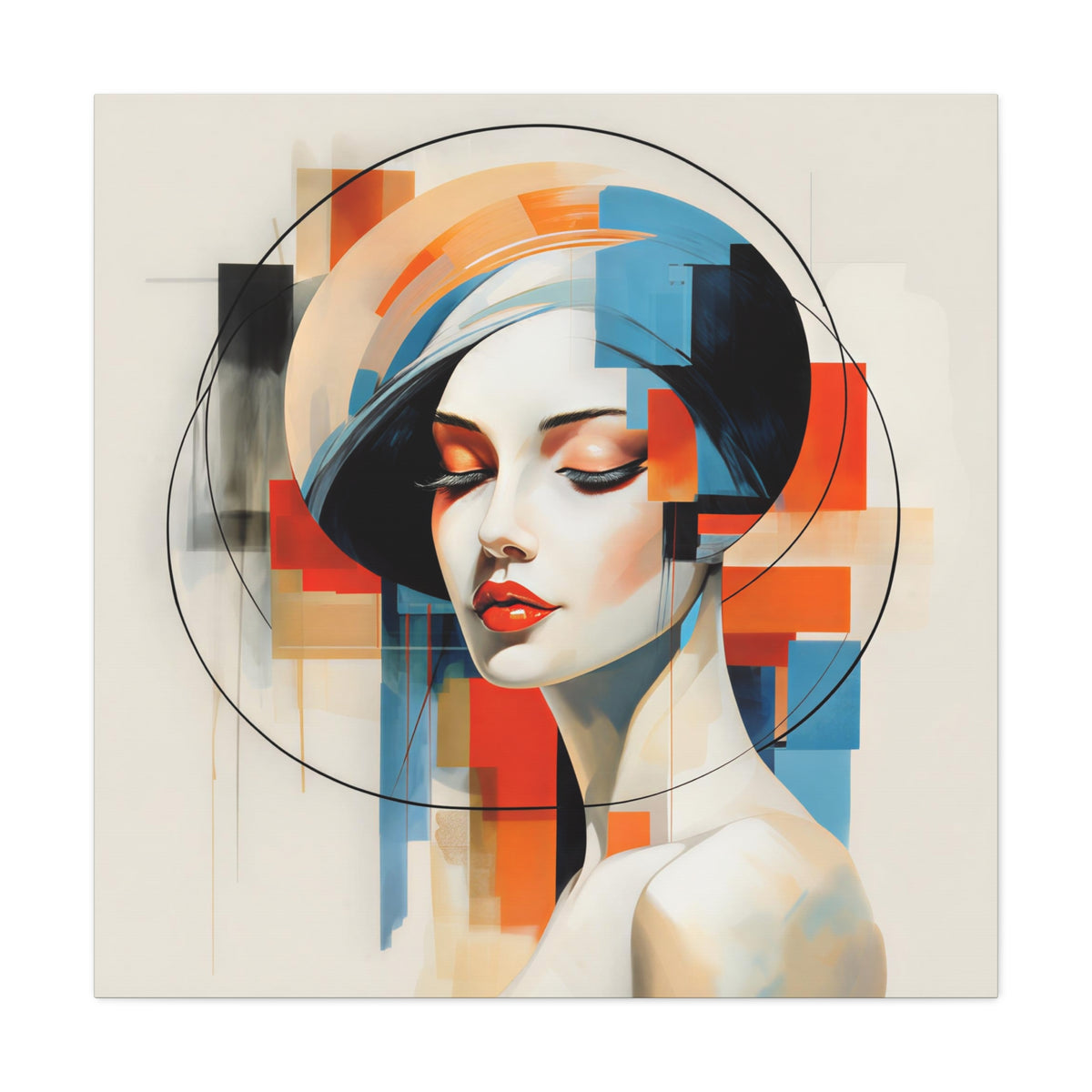 Perfectly Composed — Abstract Geometric Woman Portrait in Orange, Blue & Ivory