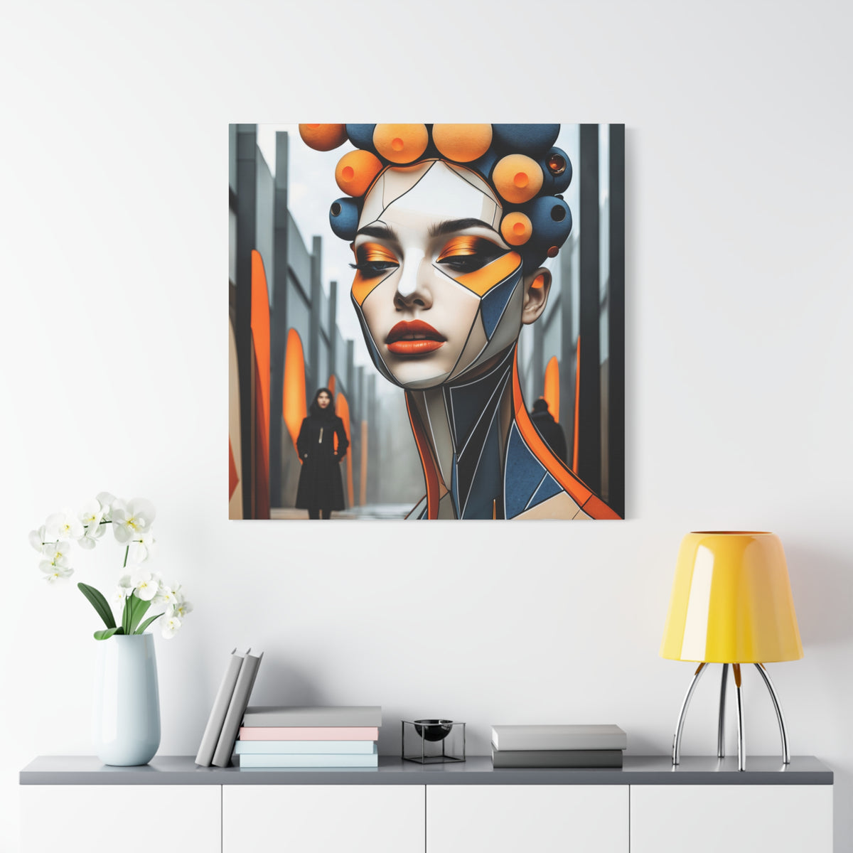 Future Icon — Futuristic Geometric Woman Portrait in Orange & Midnight Blue