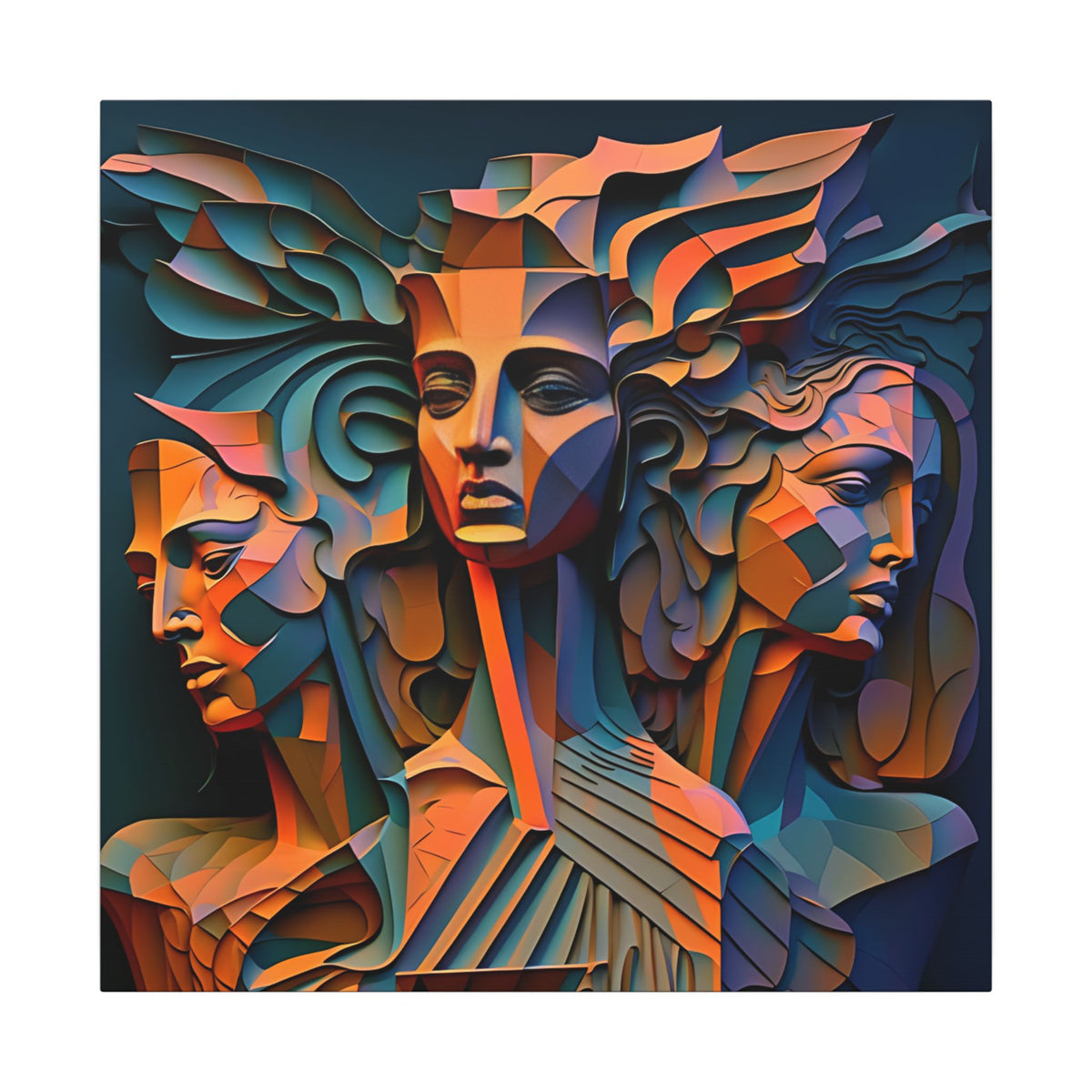 The Three Voices – Sculptural Geometric Triple Portrait Canvas Print