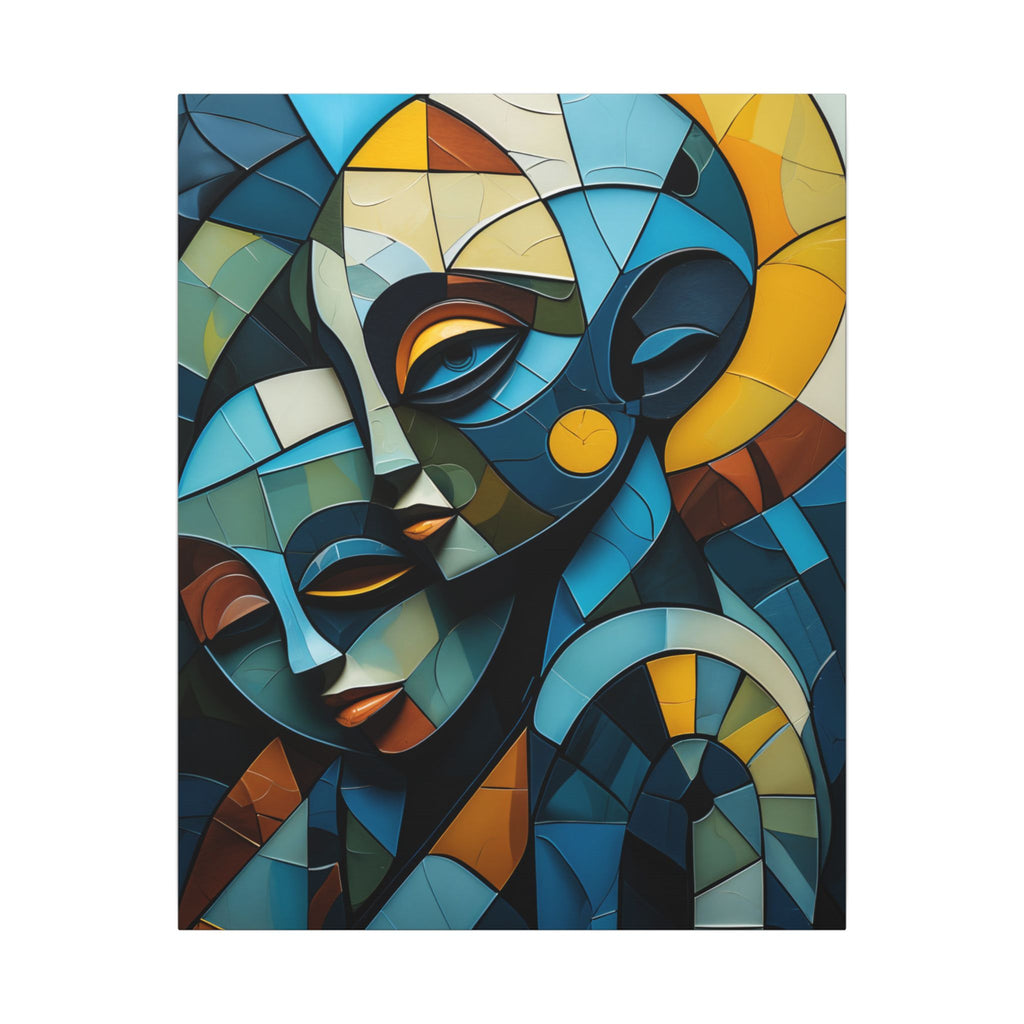 Two overlapping stylized profiles formed from curved segments, angular planes, and circles in deep blue, turquoise, ochre, cream, and warm rust