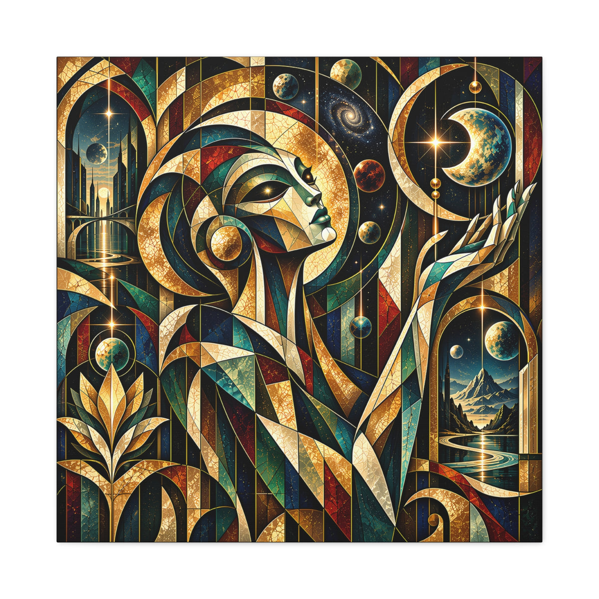 Oracle of the Golden Cosmos — Futuristic Celestial Portrait Wall Art