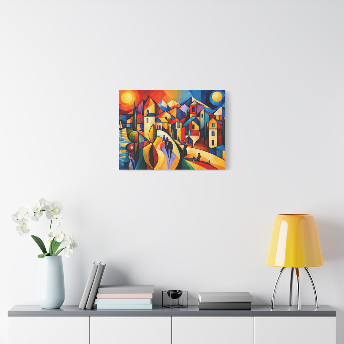 Village Between Sun & Moon — Colorful Cubist Coastal Landscape