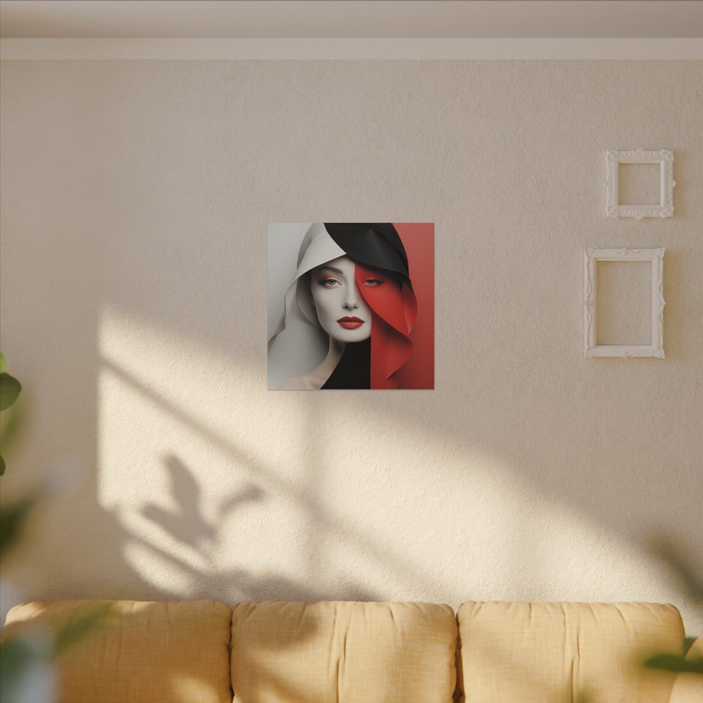 Split Poise – Modern Red Black Female Portrait Canvas Print