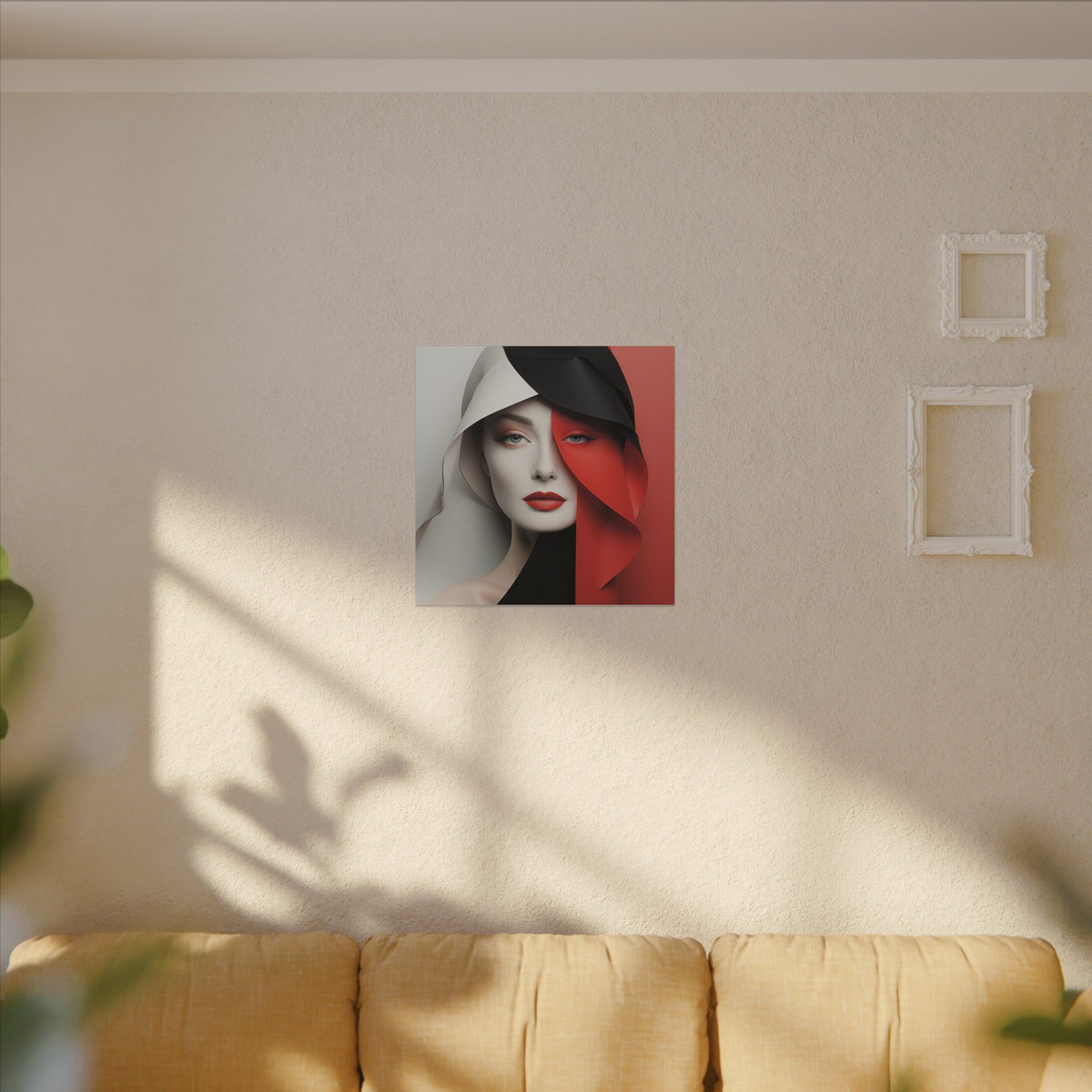 Split Poise – Modern Red Black Female Portrait Canvas Print