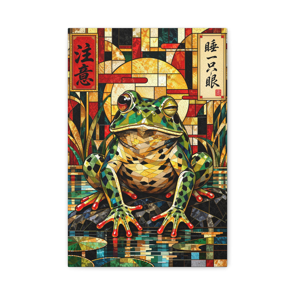 Central winking frog rendered in cubist stained-glass style amid geometric glass, water, reeds, lily pads and gold accents