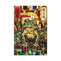 Central winking frog rendered in cubist stained-glass style amid geometric glass, water, reeds, lily pads and gold accents