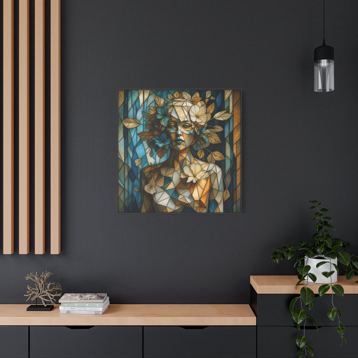 Where She Blooms — Modern Floral Stained Glass Woman Wall Art