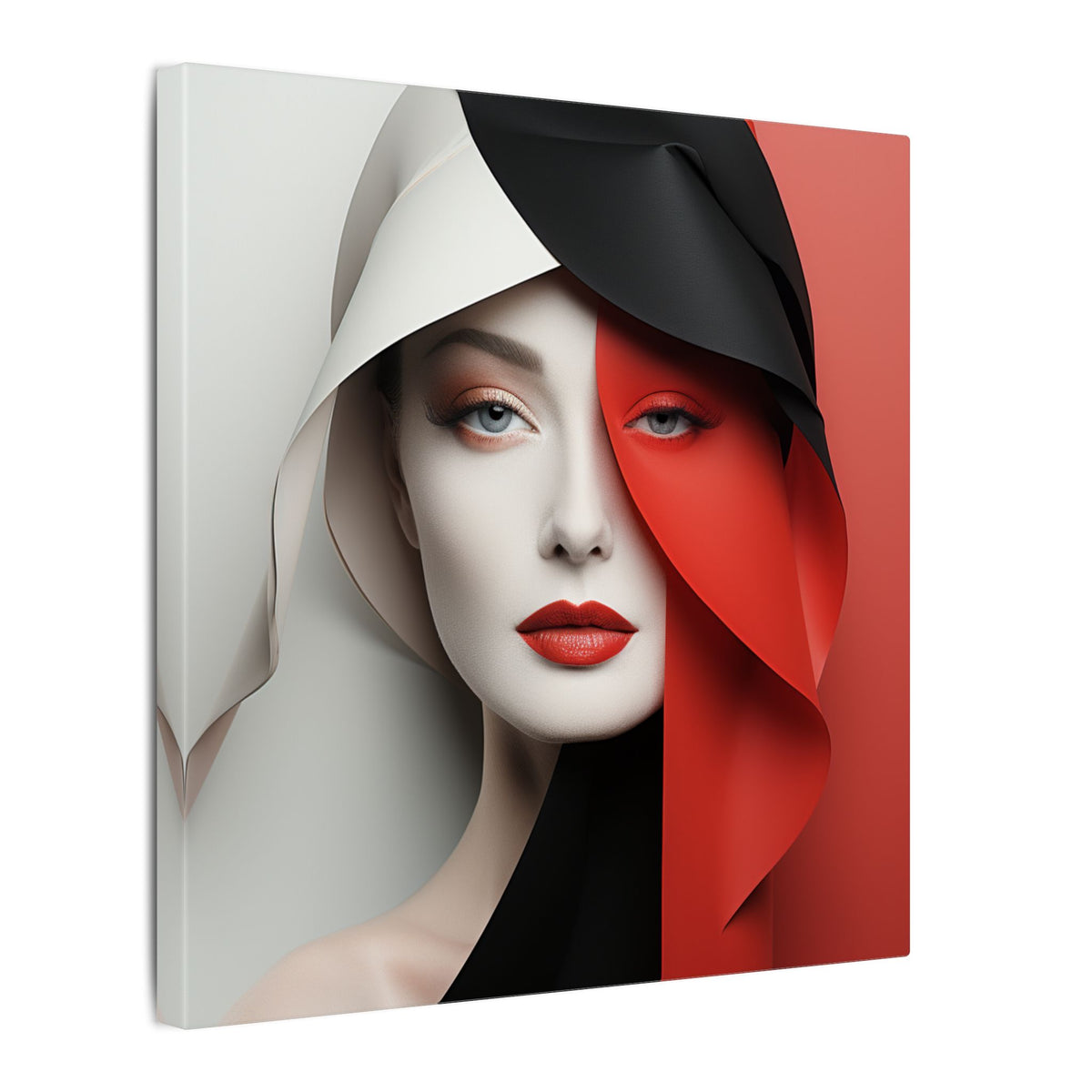 Split Poise – Modern Red Black Female Portrait Canvas Print