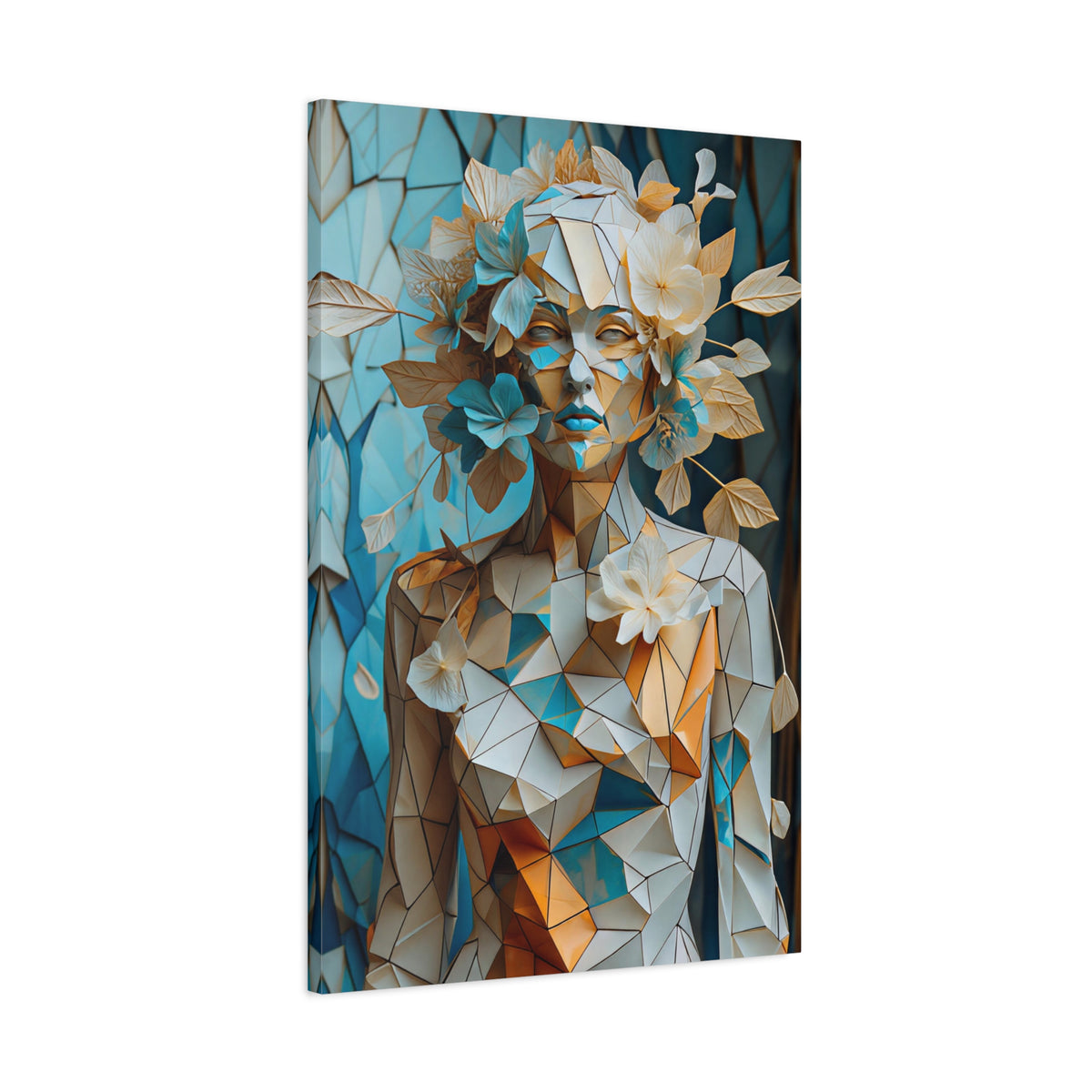 Blooming in Pieces — Geometric Floral Woman Portrait in Ivory, Turquoise & Gold
