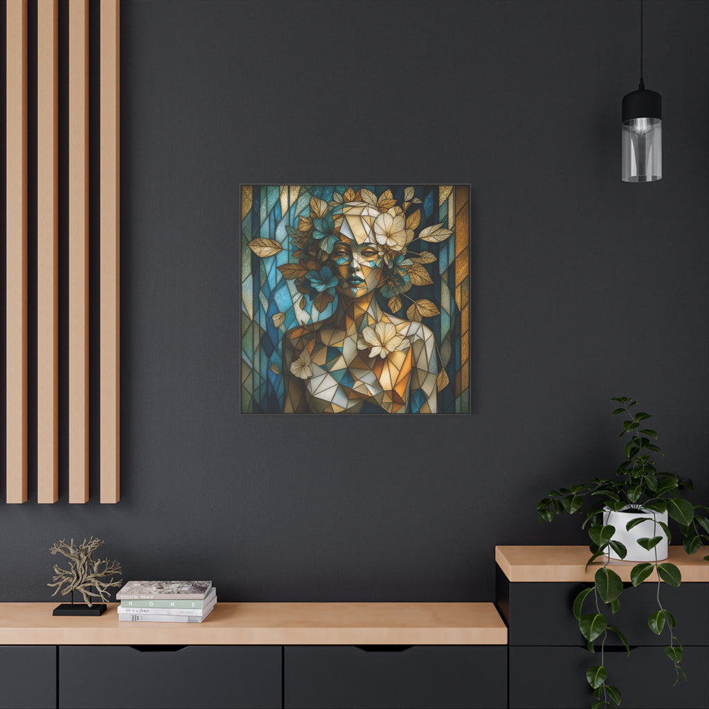 Where She Blooms — Modern Floral Stained Glass Woman Wall Art