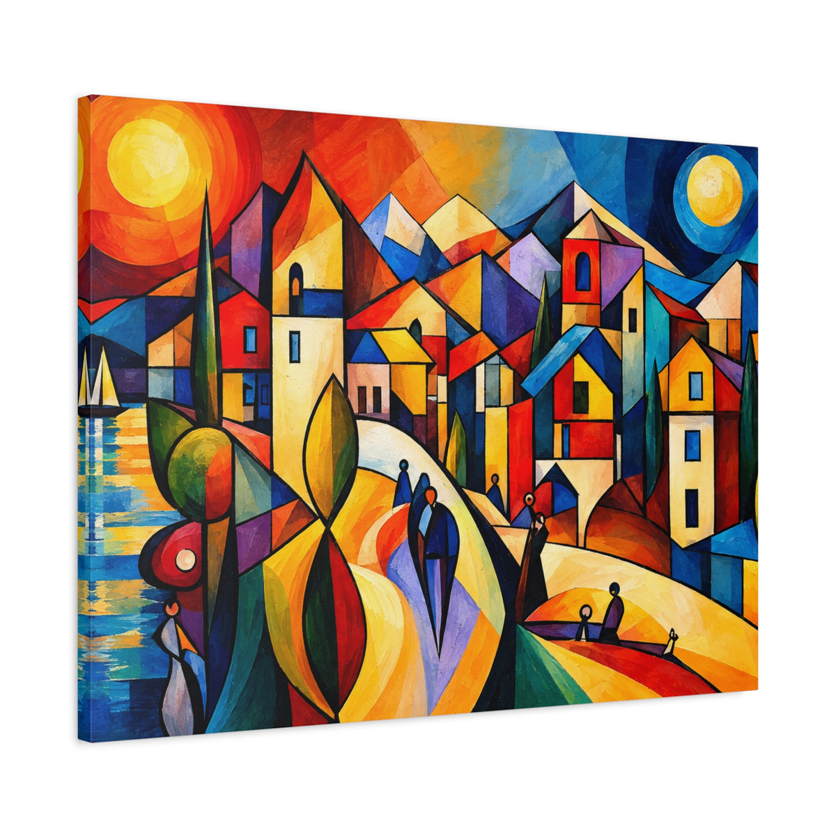 Village Between Sun & Moon — Colorful Cubist Coastal Landscape