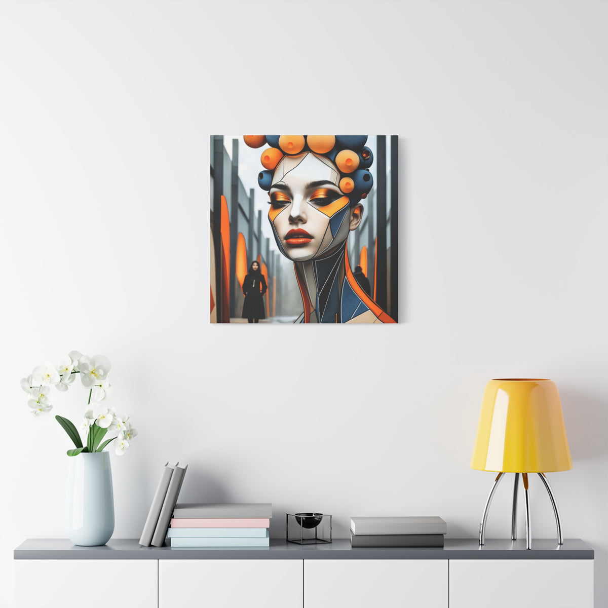 Future Icon — Futuristic Geometric Woman Portrait in Orange & Midnight Blue