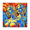 Two mirrored stylized female figures in cubist stained-glass style with cobalt, gold, orange, and red