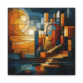Luminous architectural abstraction: a dramatic staircase ascending through layered geometric arches and angular forms in amber, rust, cream, teal, and deep blue, with sweeping
