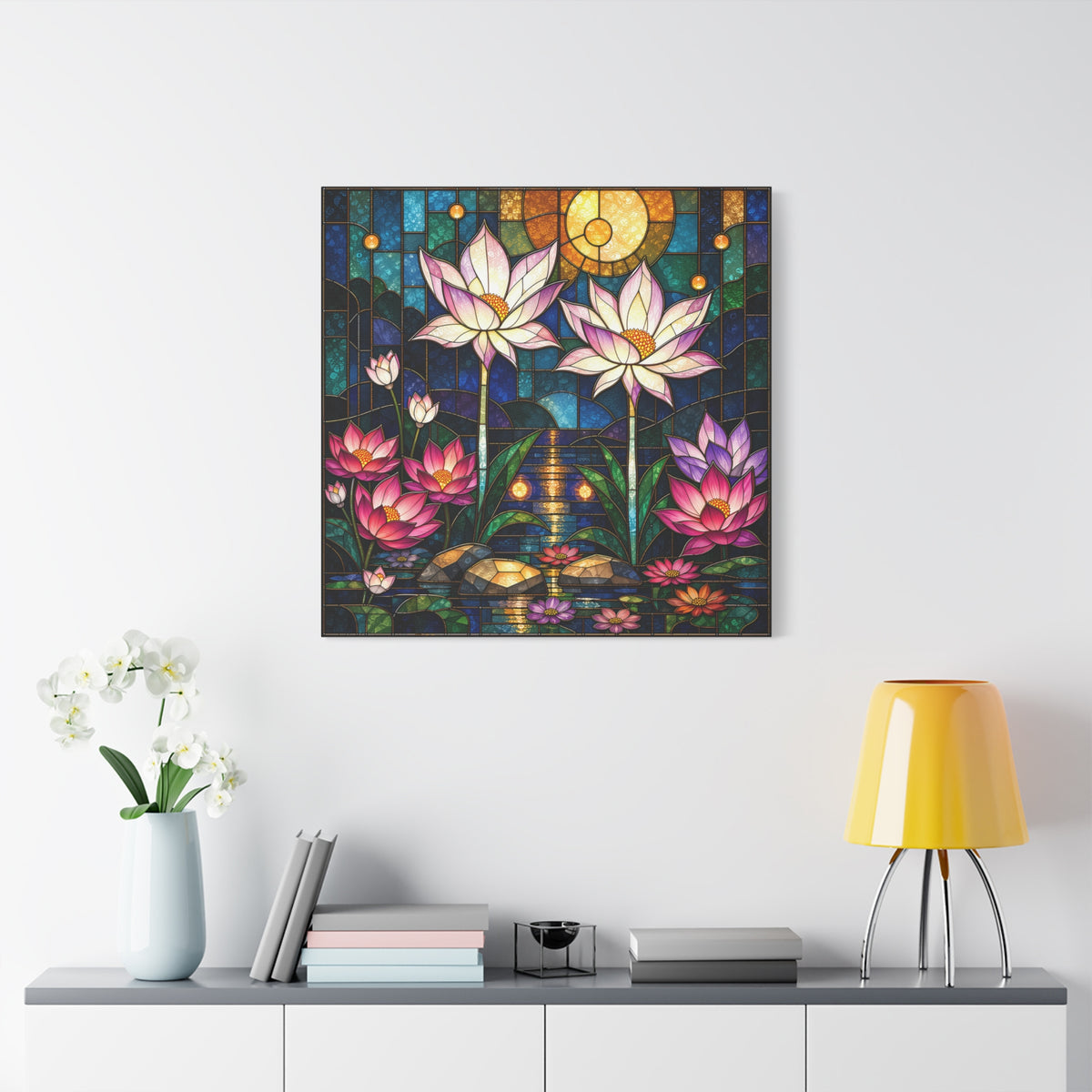 Moonlit Lotus Sanctuary — Stained Glass Floral Garden Wall Art