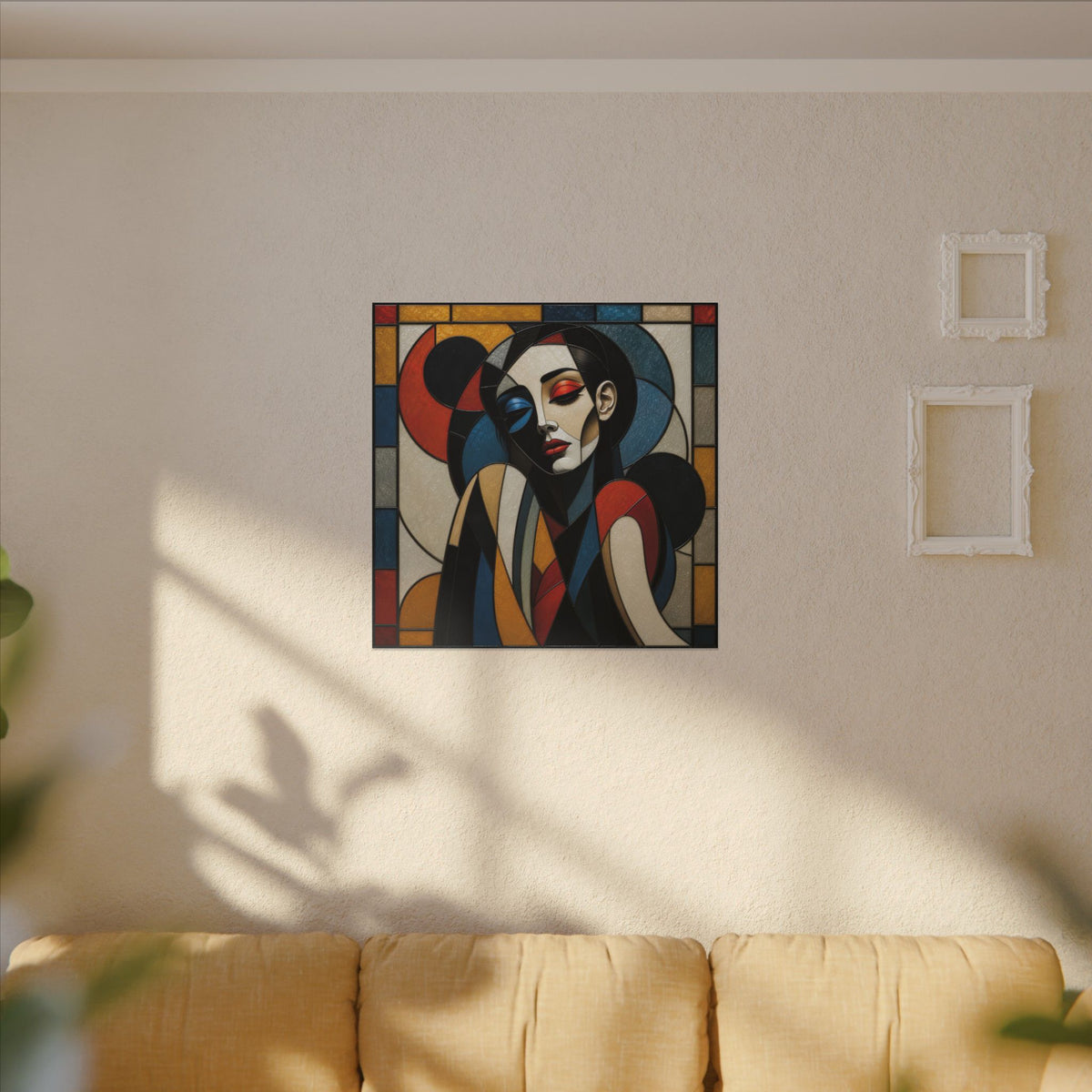 Split Between Colors – Geometric Stained Glass Woman Portrait Canvas Print