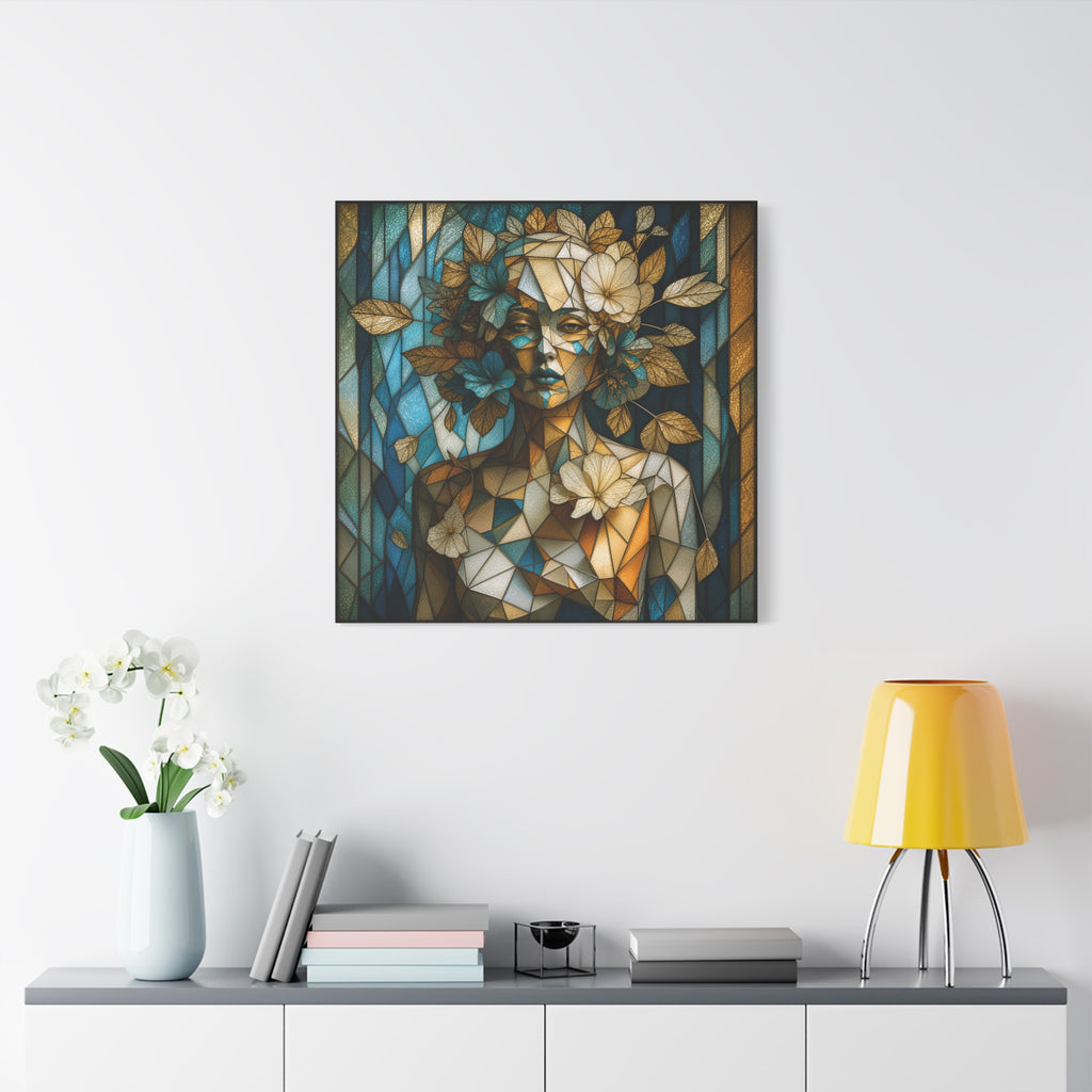 Where She Blooms — Modern Floral Stained Glass Woman Wall Art
