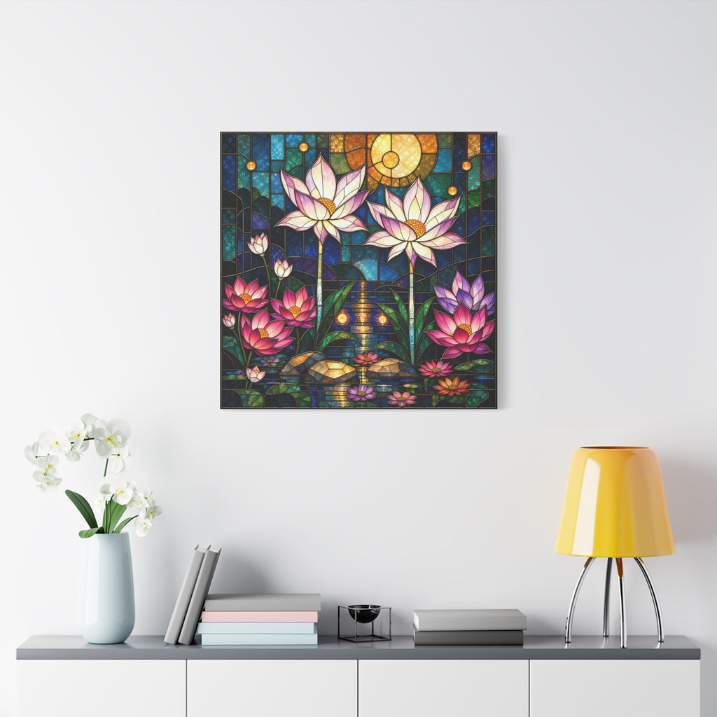 Moonlit Lotus Sanctuary — Stained Glass Floral Garden Wall Art
